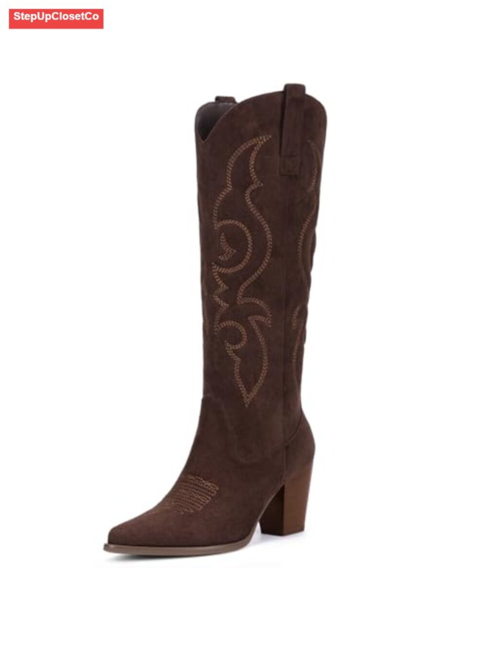 Faux Suede Cowboy Boots Knee High Block Heel Pointed Toe Western